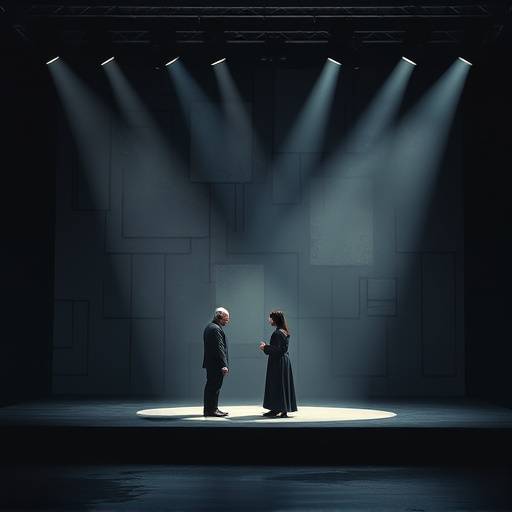 Abstrakti Bühnenbild vo 'Warten auf Godot' mit zwäi Schauspieler